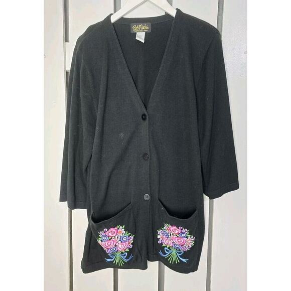 Bob Mackie Wearable Art Floral Embroidered Black Cardigan Jacket L Granny Mature - Picture 1 of 9